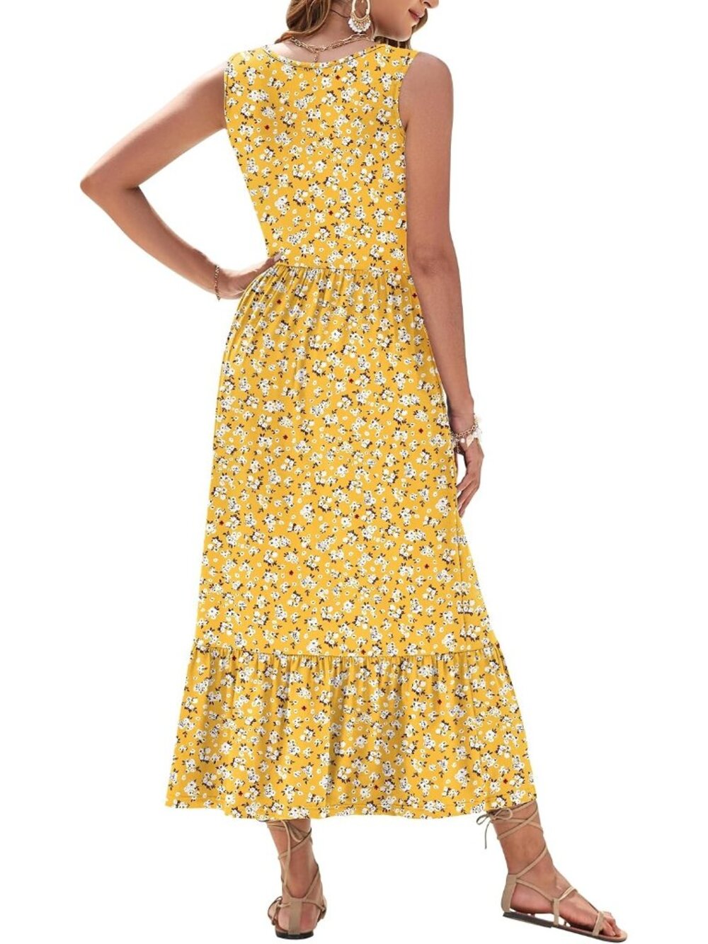〽️Women's Yellow Floral Maxi Dress Square Neck Tiered Sleeveless Pockets Summer - Picture 4 of 6